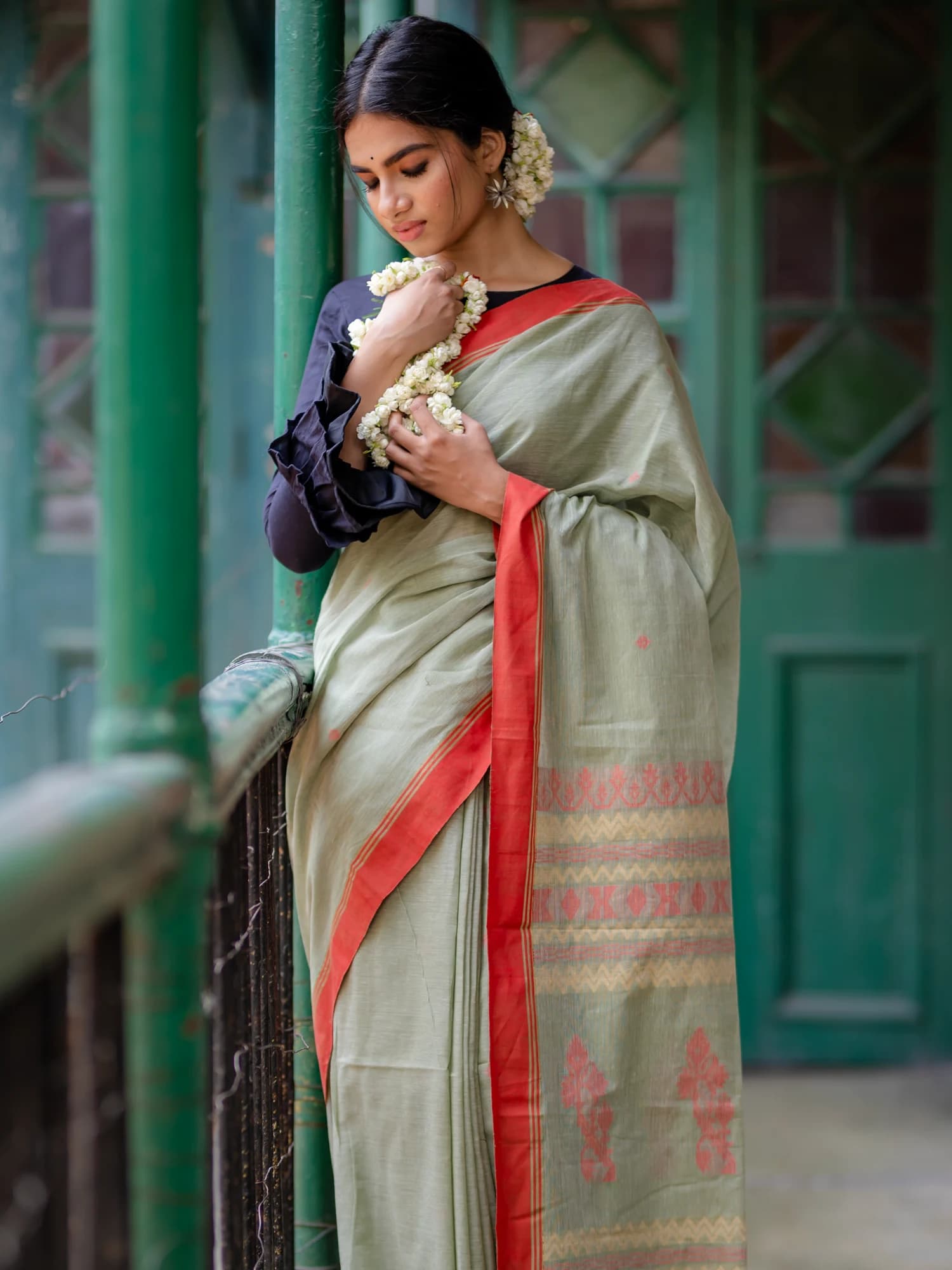 Sage Green Matha Tangail Saree thumbnail 2