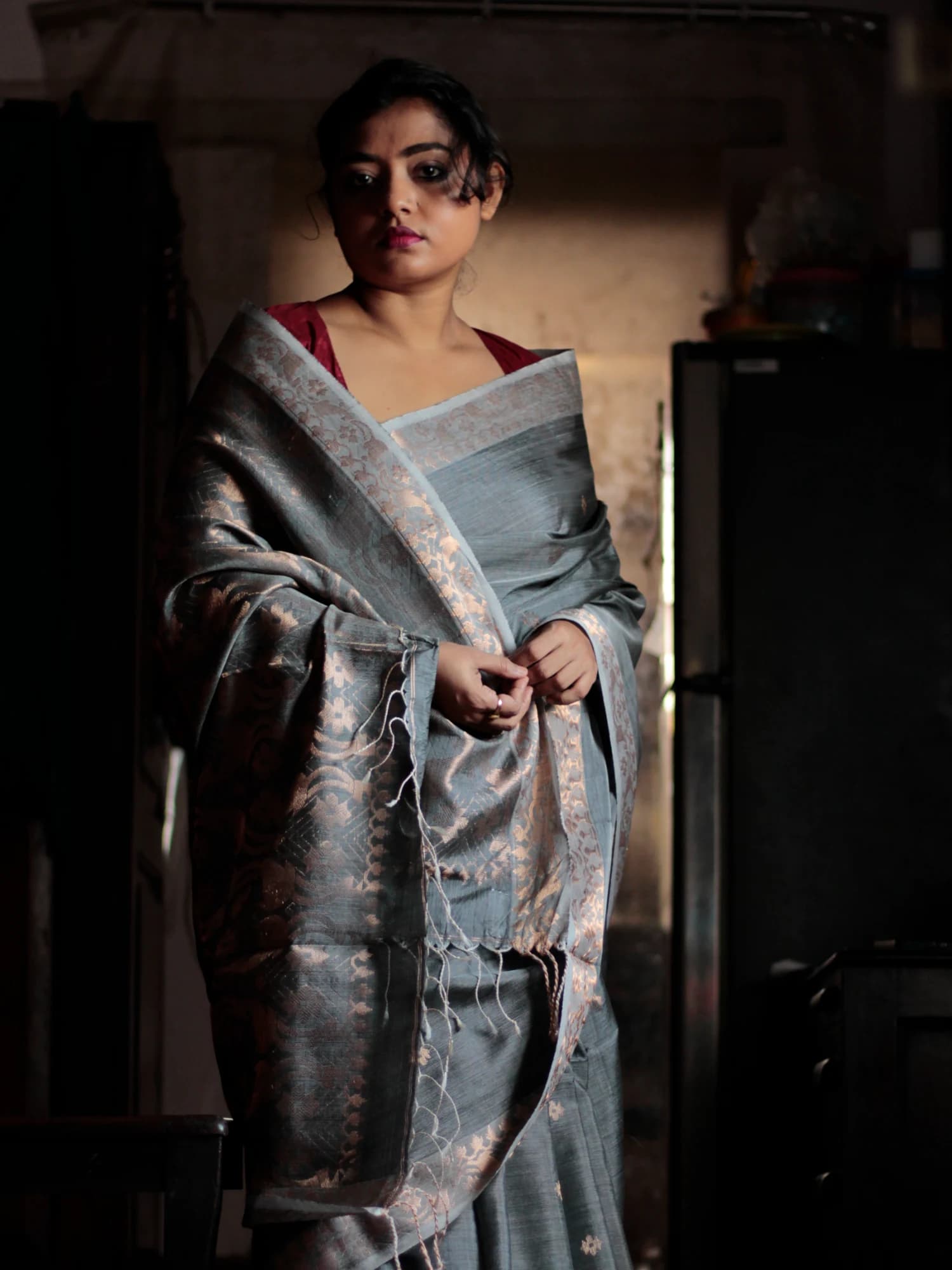 Kaberi Tussar Silk Jamdani Grey Saree