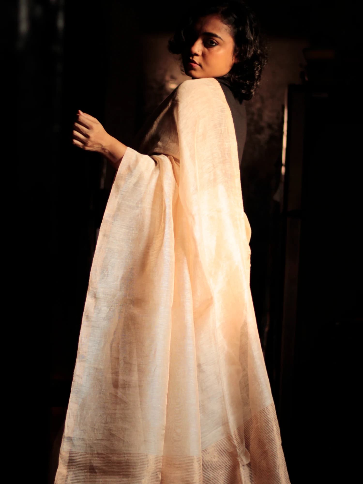 Junk Lea Beige Metalic Tissue Linen Saree thumbnail 2