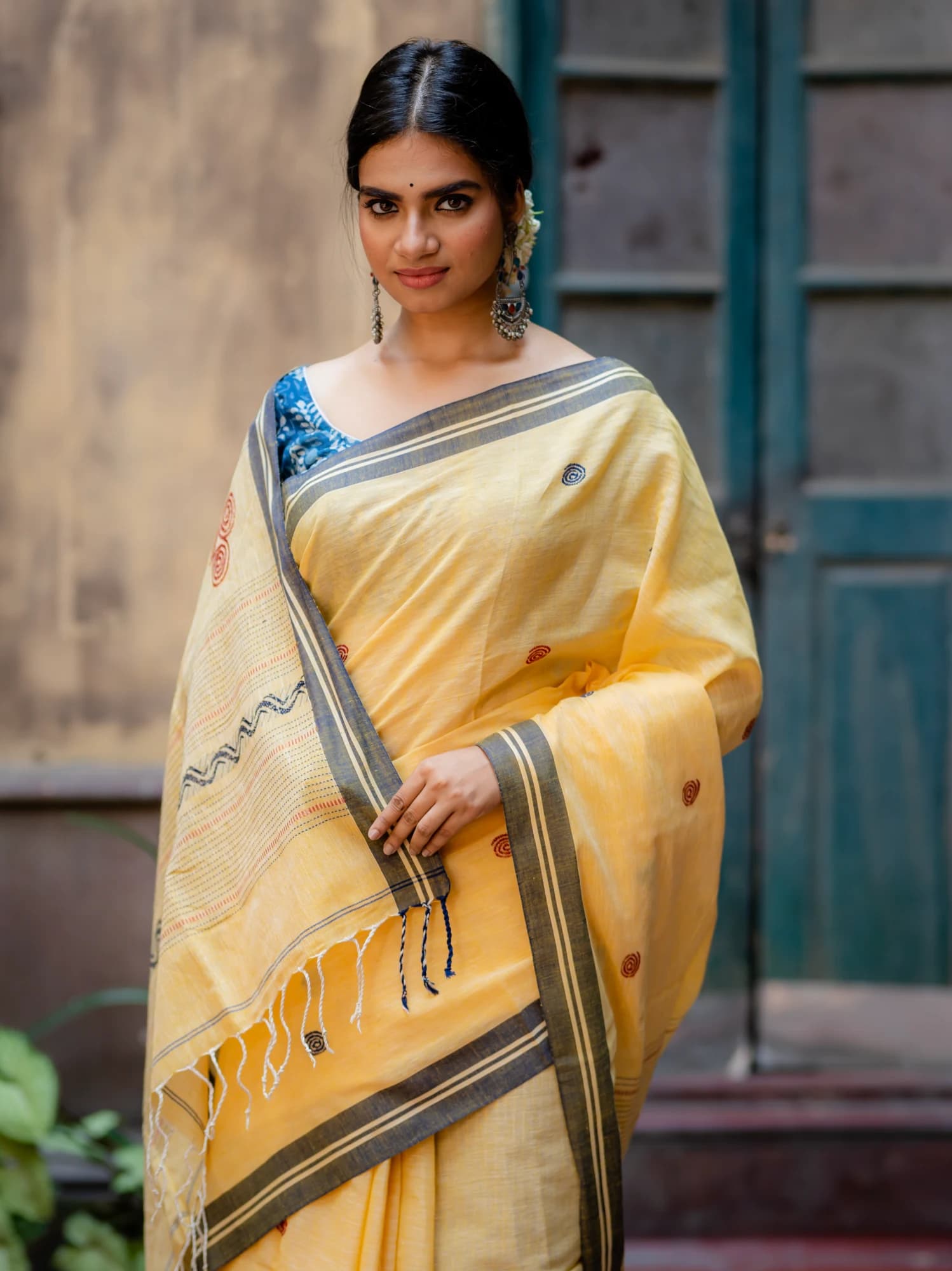 Mustard Yellow Silk Organza Hand-Painted Saree view 1
