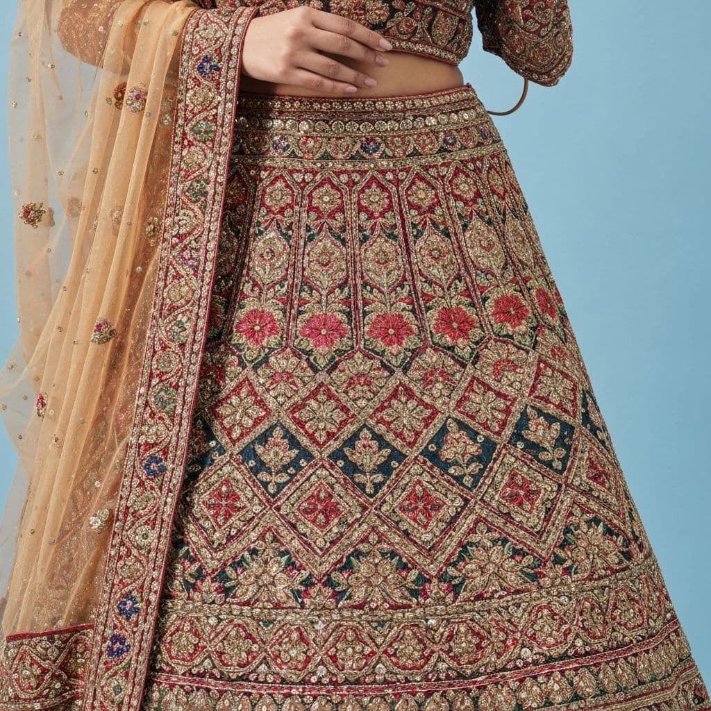 Midnight Crimson Velvet Bridal Lehenga Set view 2