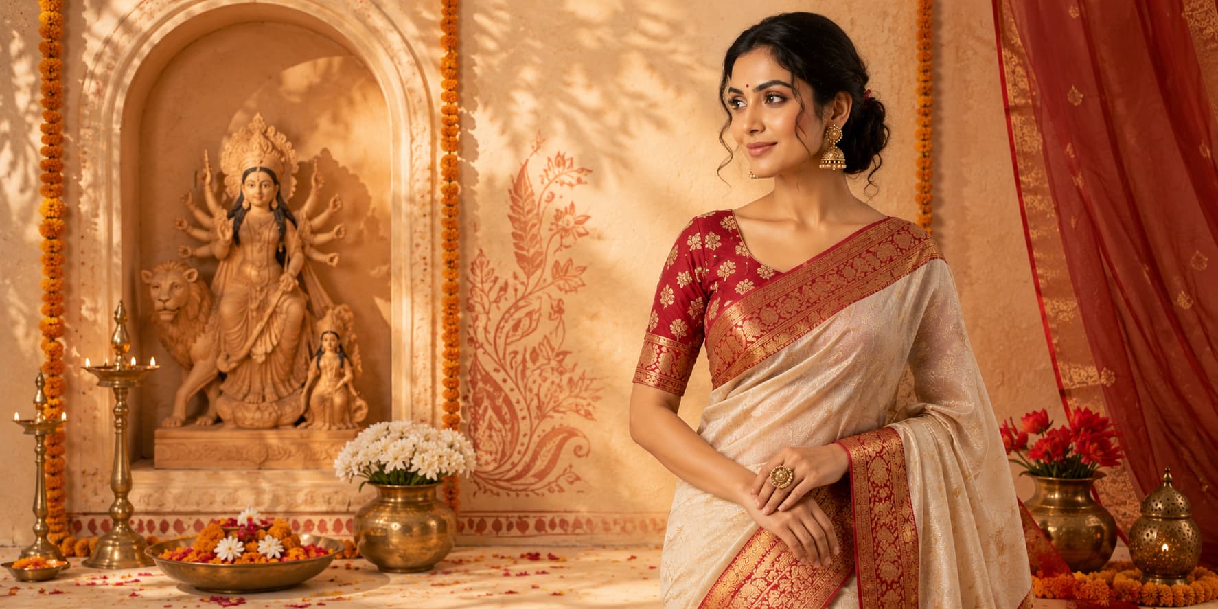 Ivory Gold Tissue Chanderi Festive Saree view 2
