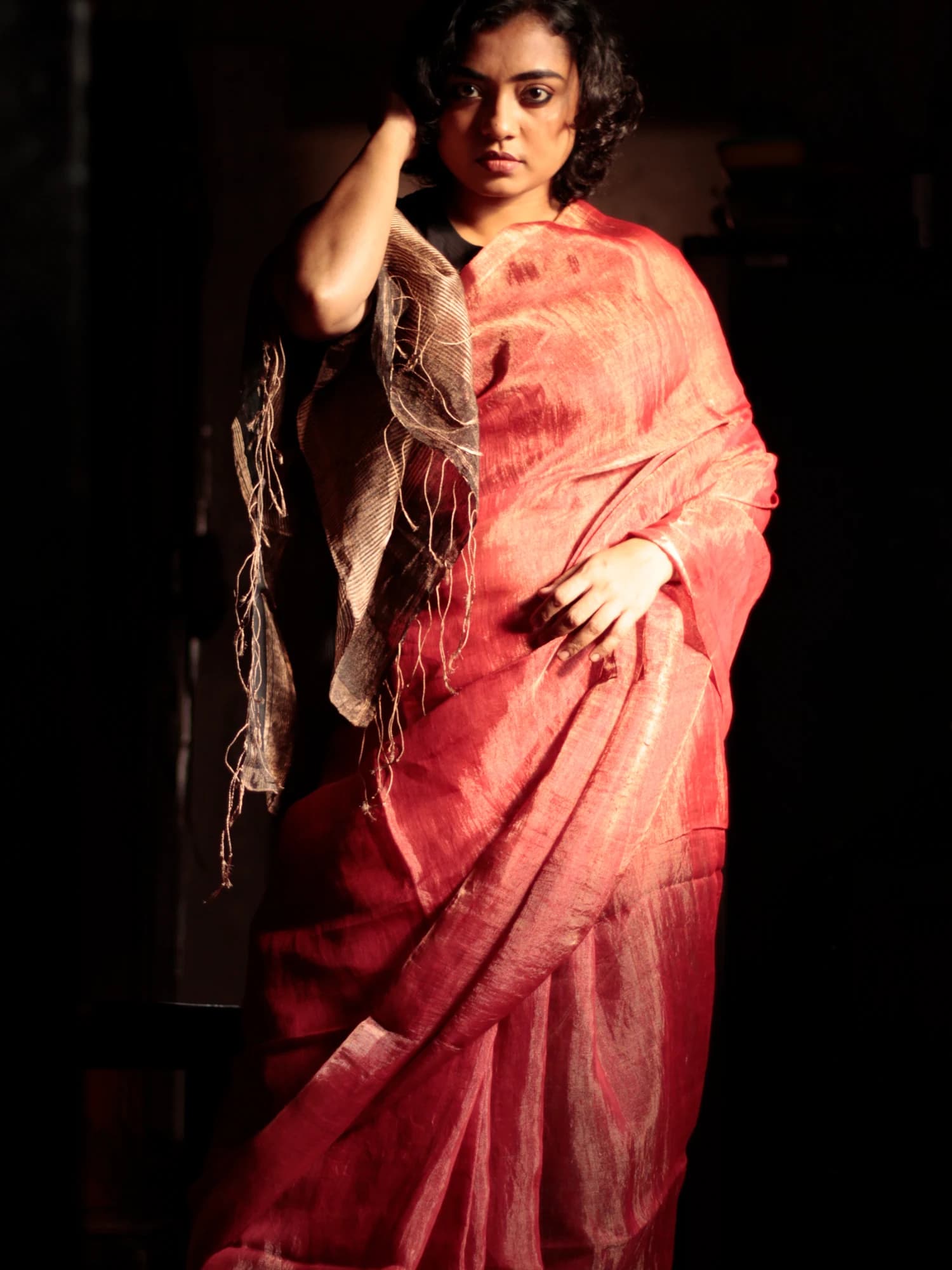 Junk Lea Metallic Rust Red Brown Tissue Linen Saree view 3